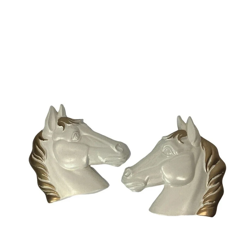VTG 2 Miller Studio Chalkware Horse Head Wall Décor Plaque‎ 1977 MCM White Gold